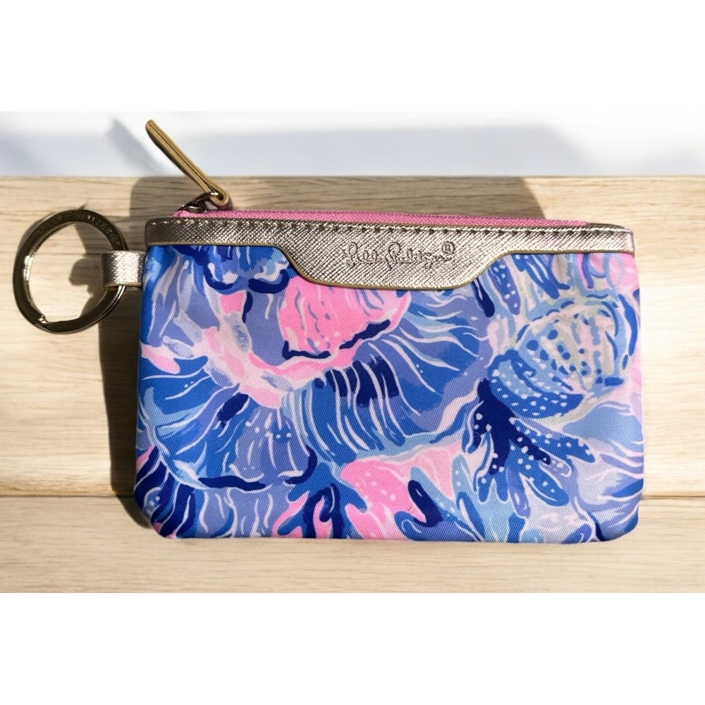 Lilly Pulitzer Wallet Pink Blue Zip ID Case Gold Tone Keychain Card Holder